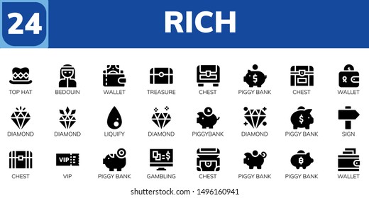 rich icon set. 24 filled rich icons.  Simple modern icons about  - Top hat, Bedouin, Wallet, Treasure, Chest, Piggy bank, Diamond, Liquify, Piggybank, Sign, Vip, Gambling