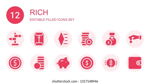 rich icon set. Collection of 12 filled rich icons included Sign, Coin, Diamond, Coins, Coin stack, Piggy bank, Wallet