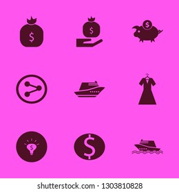 rich icon set with money bag, motor yacht and money ideas vector illustration