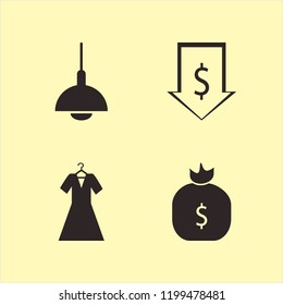 Rich Icon. Rich Vector Icons Set Dollar Rate Falling, Evening Dress, Chandelier And Money Bag