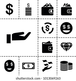 Rich icons. set of 13 editable filled rich icons such as coin, money, money on hand, wallet, dollar smiley, wallet, diamond
