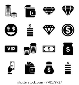 Rich icons. set of 16 editable filled rich icons such as money, coin, payment, diamond, dollar smiley, coin, dollar coin, money sack, vip, gem, money sack