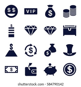 rich icons set. Set of 16 rich filled icons such as vip, diamond, Money, Coin, Money sack, Wallet, chest, dollar smiley, hat, coin, piggy bank, money bag, gem, dollar