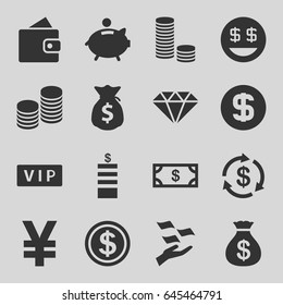 Rich icons set. set of 16 rich filled icons such as vip, wallet, money, coin, money sack, dollar smiley, coin, piggy bank, dollar coin, gem