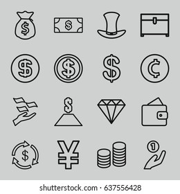 Rich icons set. set of 16 rich outline icons such as wallet, gem, coin, money, money on hand, chest, hat, coin, money sack, dollar