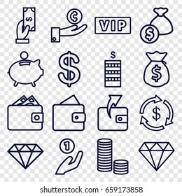 Rich icons set. set of 16 rich outline icons such as vip, wallet, diamond, coin, money, payment, wallet, piggy bank, money sack, gem, coin on hand