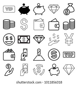 Rich icons. set of 25 editable outline rich icons such as piggy bank, vip, wallet, coin, payment, dollar smiley, coin on hand, money bag, gem, dollar, diamond, money, diamond