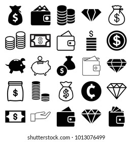 Rich icons. set of 25 editable filled and outline rich icons such as wallet, gem, coin, money bag, money sack, dollar coin, diamond, piggy bank