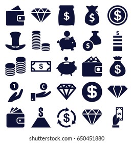 Rich icons set. set of 25 rich filled icons such as wallet, gem, diamond, money, coin, money sack, payment, diamond, wallet, hat, coin, piggy bank