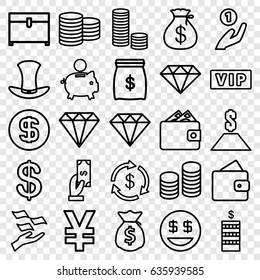 Rich icons set. set of 25 rich outline icons such as vip, wallet, gem, coin, money, money sack, payment, diamond, chest, hat, coin, dollar smiley, dollar, piggy bank