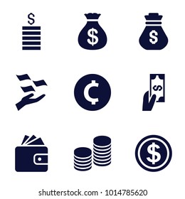 Rich icons. set of 9 editable filled rich icons such as money sack, money on hand, wallet, coin, dollar coin, coin