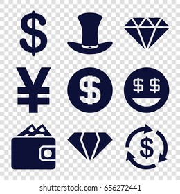 Rich icons set. set of 9 rich filled icons such as gem, coin, money, dollar smiley, hat, dollar coin, wallet