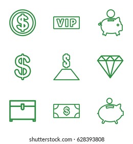 Rich icons set. set of 9 rich outline icons such as vip, gem, Coin, Money, chest, piggy bank, dollar