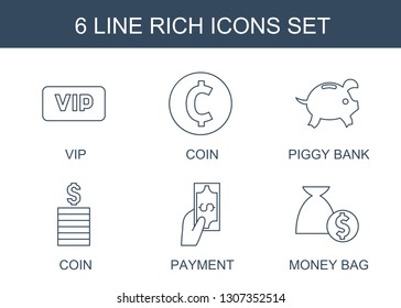 rich icons. Trendy 6 rich icons. Contain icons such as vip, coin, piggy bank, Coin, Payment, money bag. rich icon for web and mobile.