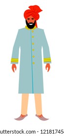 Rich Indian man in traditional (national) costume. Hindu dressed in turban and shervani. A man with a beard and smiling. Vector drawing in flat style.