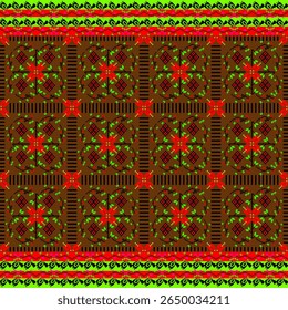 Rich and intricate seamless traditional ethnic fabric pattern, reminiscent of indigenous or tribal weaving, with a distinctive pixel art quality. The design features bold zigzag stripes and repeating 