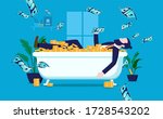 Rich investor businessman - Corporate hipster bathing in bathtub filled with money at home. Filthy rich, millionaire, wealth and financial freedom concept. Vector illustration.