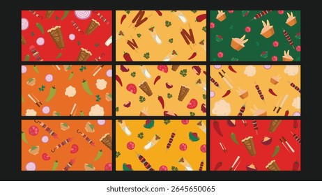 Design rico com temas de kebab com espetos, envoltórios, vegetais e especiarias. Ideal para marcas de cozinha turca, menus de comida ou visuais promocionais culinários.
