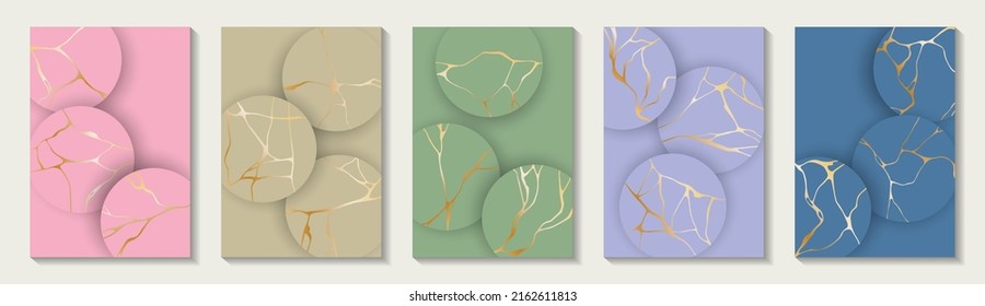 Rich kintsugi art gold brocken line patterns vector collection. Brochure cover pages with kintsugi japanese art golden patterns. Crack brocken line ornaments. Cover page templates.