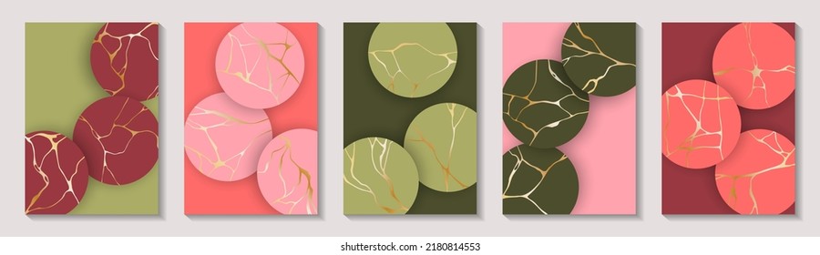 Rich kintsugi art gold brocken line patterns vector collection. Booklet cover pages with kintsugi japanese art golden patterns. Crack brocken line backgrounds. Banner templates.