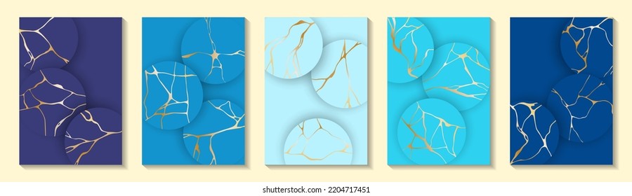 Rich kintsugi art gold brocken line patterns vector collection. Booklet cover pages with kintsugi japanese art golden patterns. Crack brocken line ornaments on ball shape backgrounds.