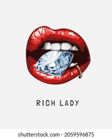 rich lady slogan with diamond in girl piercing lips vector illustration