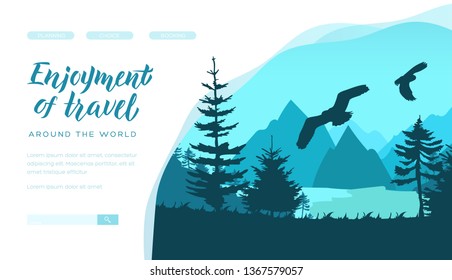 Rich landscape with evergreen trees, plants, mountains in blue colors. Big birds hover under water surface and forest. Horizontal template for ecology, travel project. Place for text copy space.