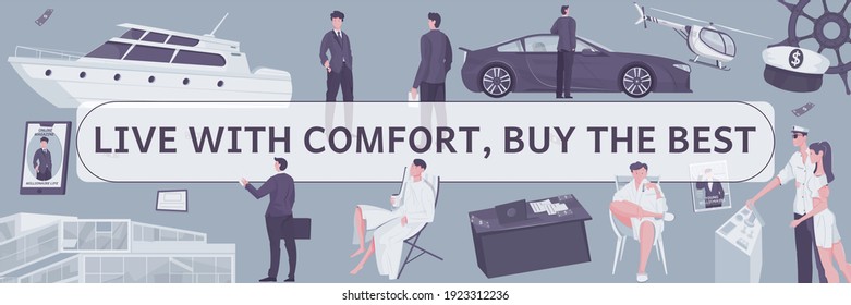 Rich lifestyle site pattern flat composition with editable text surrounded by yachts helicopters and premium cars vector illustration