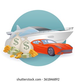 Rich Lifestyle Vector Illustration: White Luxury Yacht, Sports Car And Pile Of Money