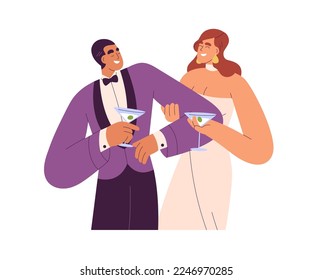 Rich love couple, woman in chic dress and man in elegant suit. Happy wealthy wife and husband holding cocktails, laughing at evening party. Flat vector illustration isolated on white background