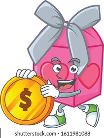 Rich love gift pink mascot cartoon design style with gold coin