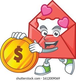 Rich love letter mascot cartoon design style with gold coin