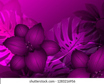 Rich luxurious rich pink pattern with lily flowers and monstera leaves.