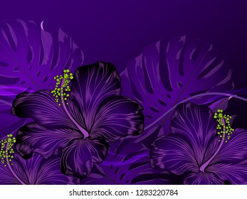 Rich luxurious rich purple pattern with hibiscus flowers and monstera leaves.