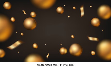 Rich luxury vector design. Black golden background with flying gold confetti and balls in empty space. Elegant festive decoration, gift card or web banner template