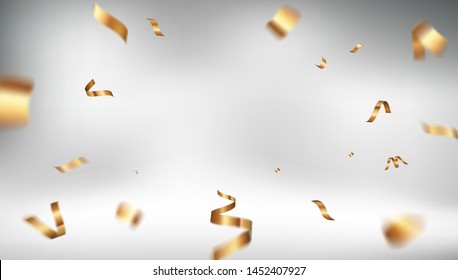 Rich luxury vector design. White golden background with flying gold confetti and empty space. Elegant festive decoration, gift card or web banner template