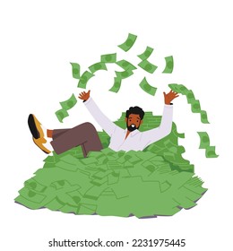 Rich Male Character Swimming in Huge Pile of Dollar Bills. Successful Businessman, Investor or Lottery Winner with Money. Wealth and Prosperity Concept. Cartoon Vector Illustration