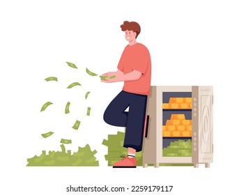 Rich man with banknotes. Young guy stands near safe with money, cash. Success and luxury. Talented banker, entrepreneur or investor with income. Economy and trading. Cartoon flat vector illustration