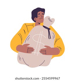 Rich Man Character Carry Sack with Money Vector Illustration