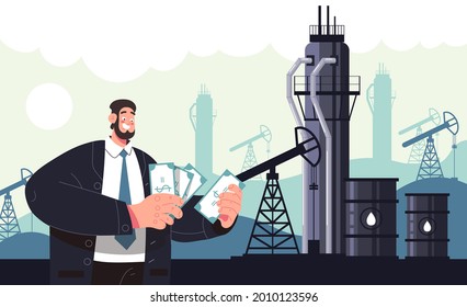 Rich man character count money. Oil industry production concept. Vector flat modern style graphic illustration