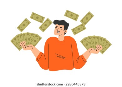 Rich Man Character with Green Banknotes in Hands Vector Illustration