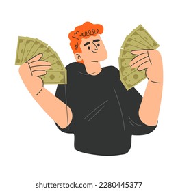 Rich Man Character with Green Banknotes in Hands Vector Illustration
