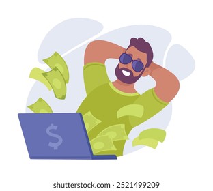 Personagem Rich Man no Laptop com dinheiro verde Notas Ilustração vetorial