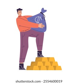 Rich Man Character Stand on Golden Bar with Sack of Money Vector Illustration