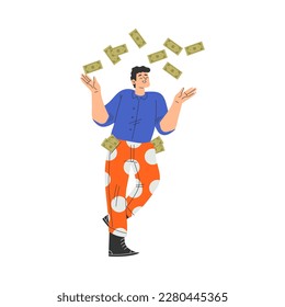 Rich Man Character Throwing Green Banknotes and Bills Vector Illustration