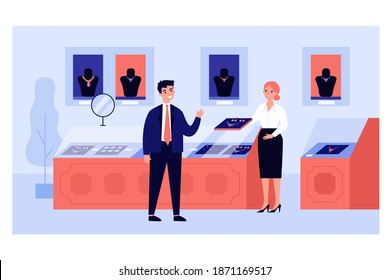 Rich man choosing gold accessory in jewelry store. Customer and seller in jewellery shop. Vector illustration for luxury gift, present, consumerism concept