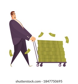 Composición masculina rica con imagen aislada del carrito de ruedas con pila de billetes portados por ilustración vectorial de carácter masculino