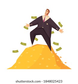 Composición masculina rica con vistas a los billetes voladores y a la colina dorada con ilustración vectorial de carácter masculino