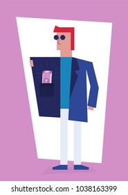 Rich man Concept. Vector illustration of man with Indian Rupee currency banknotes in pocket. Business Concept.
