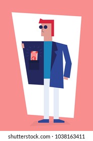 Rich man Concept. Vector illustration of man with Euro currency banknotes in pocket. Business Concept.